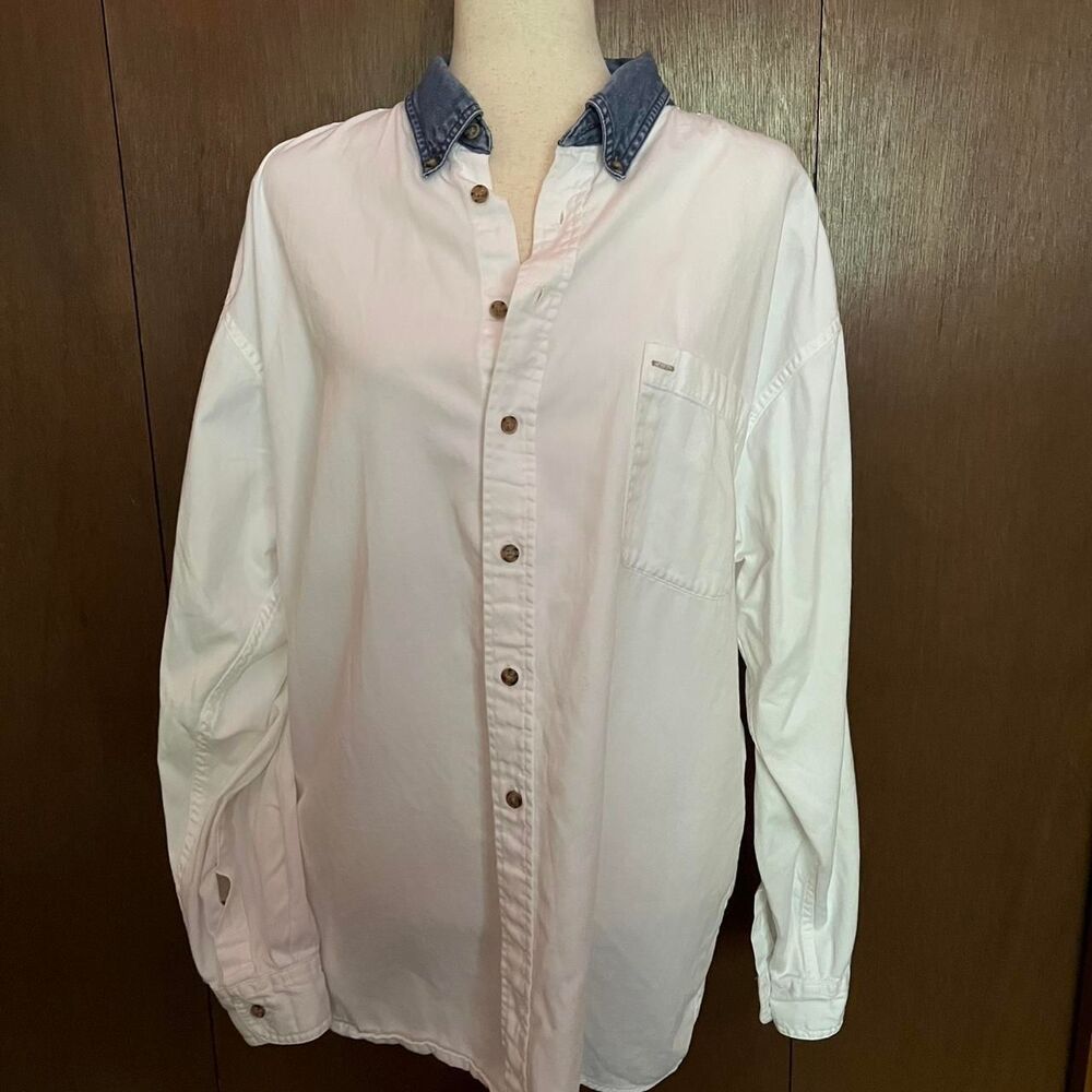 White Denim Button-Up Shirt with Blue Denim Collar
